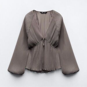 ZARA Gray Taupe Pleated V-Neck Blouse NWT